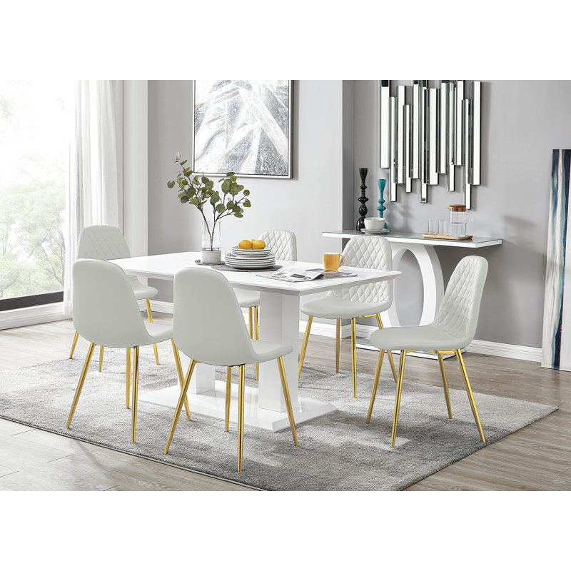 Edzard Double Pedestal High Gloss Dining Table Set with 6 Luxury Faux Leather Dining Chairs, White