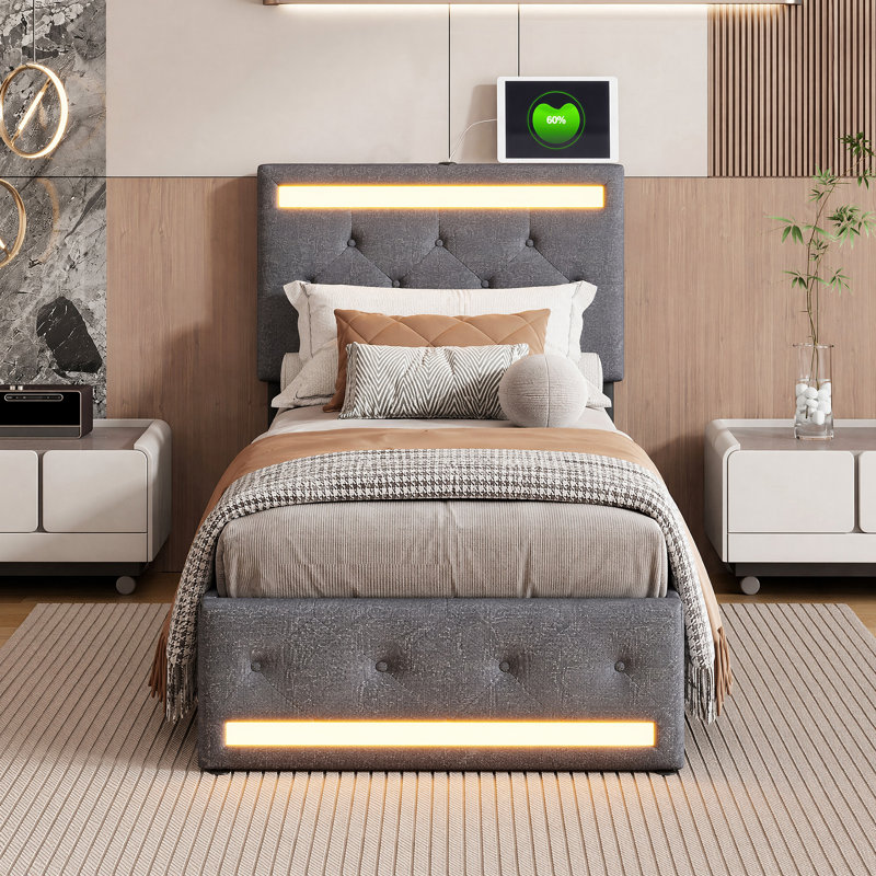 Storage Bed with Drawers, LED Lights and USB-C Charging Port, Tufted Fabric Upholstered Platform Bed, Quiet Slat Support