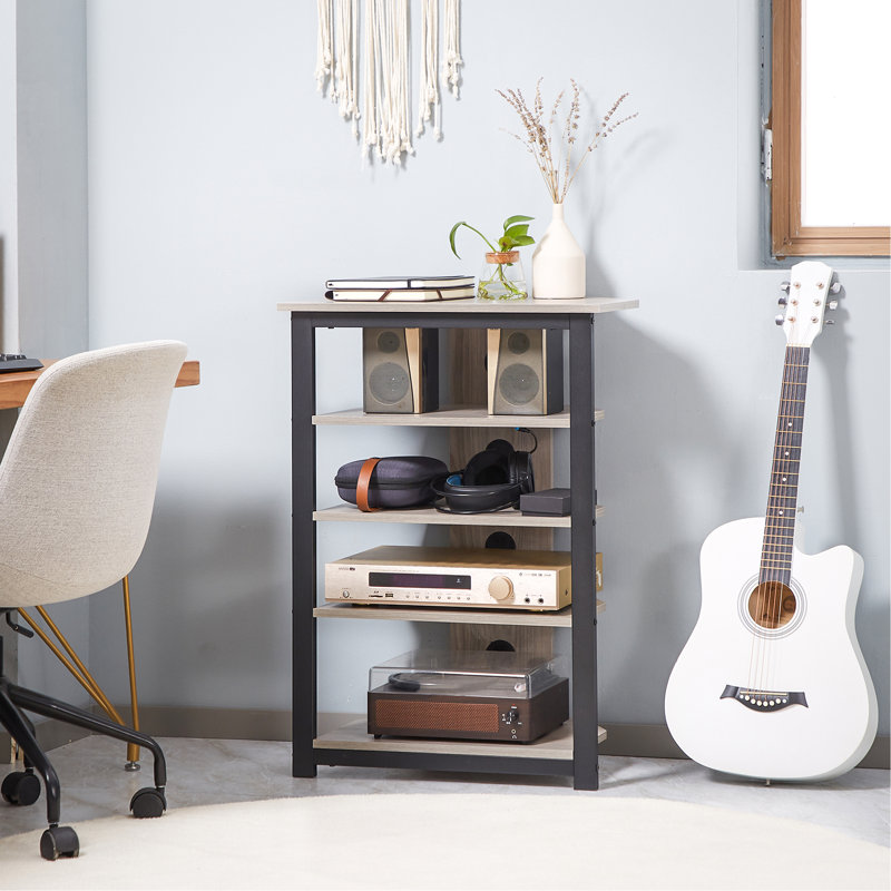 Meuble télé, meuble audio-vidéo, tour audio d'angle avec tablettes de rangement et structure en acier, rangement dans le salon, gris