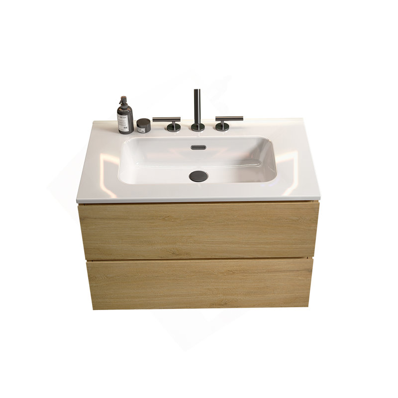 Meuble-lavabo mural en chêne naturel de 30 po avec lavabo en céramique avec trois trous de robinet, grand meuble-lavabo flottant de rangement pour salle de bain moderne, pré-assemblé