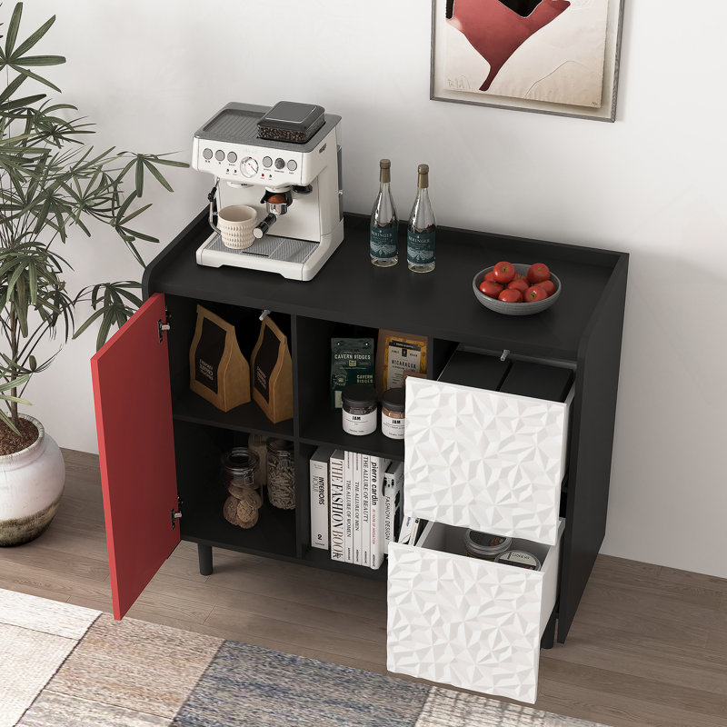 Buffet buffet, armoire de rangement noire avec portes rouges, 2 tiroirs au style de panneau unique