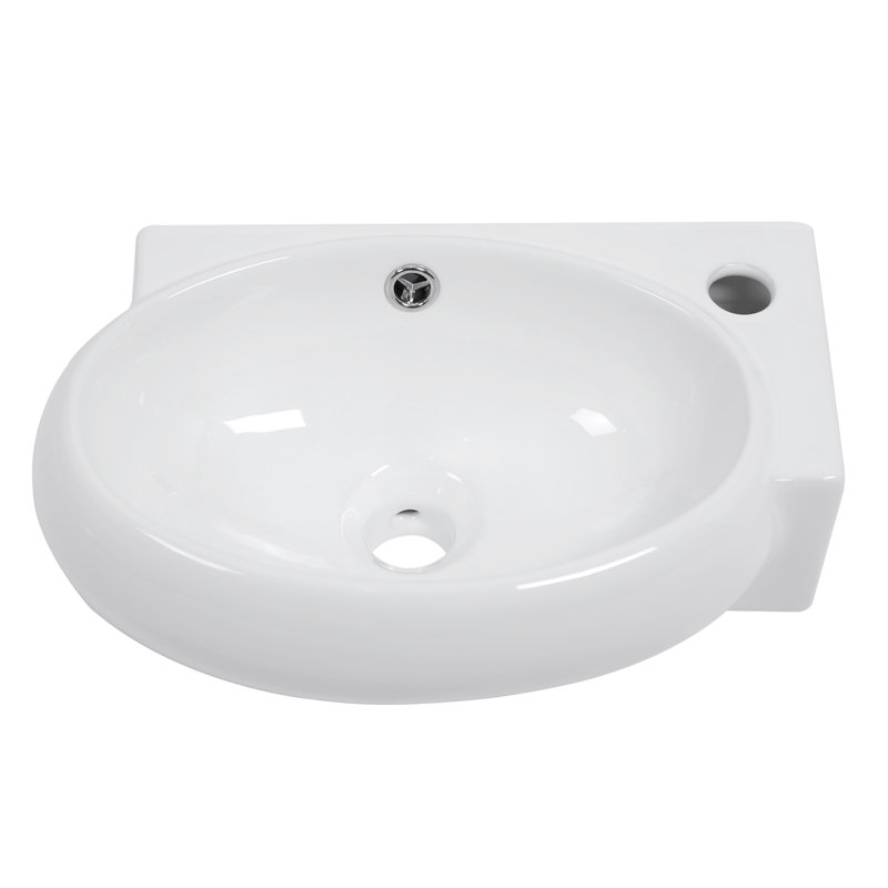 Wall-mounted Bathroom Sink Ceramic Corner Faucet Hole Oval Vessel Sink with Overflow, Right, 4.9" H x 16.5" L x 11" W, Oval