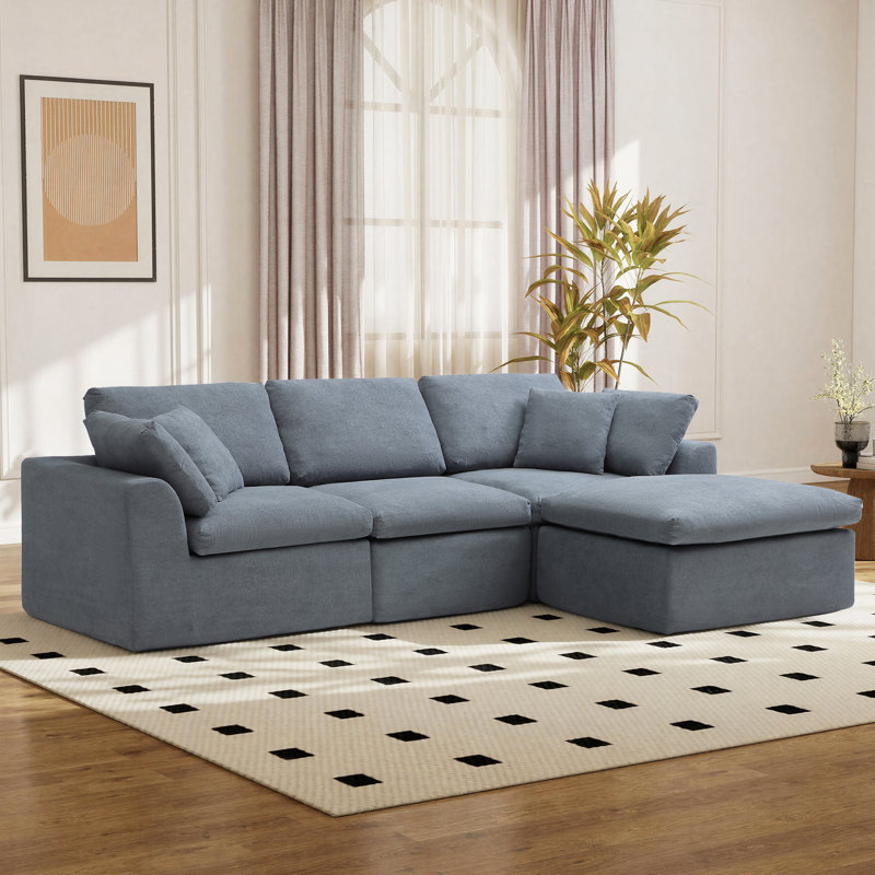 110'' Comfy L Shaped Sectional Modular Cloud Sofa with Ottoman, Oversized Compression Deep Seat Couch, 3 Seater Living Room Set