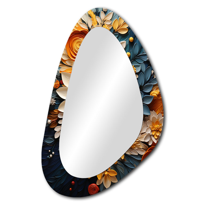 Grand miroir mural orange, bleu sarcelle, tourbillon botanique et formes abstraites 3D
