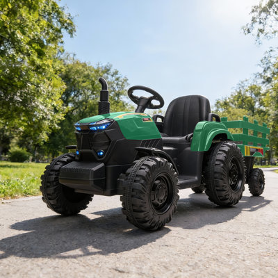12V Electric Ride On Farm Tractor 7AH Rechargeable Battery Dual 550 Motors Green Plastic Seat Wheels Outdoor Garden Backyard Hauling Adventure Vehicle with US Standard Charger for Children