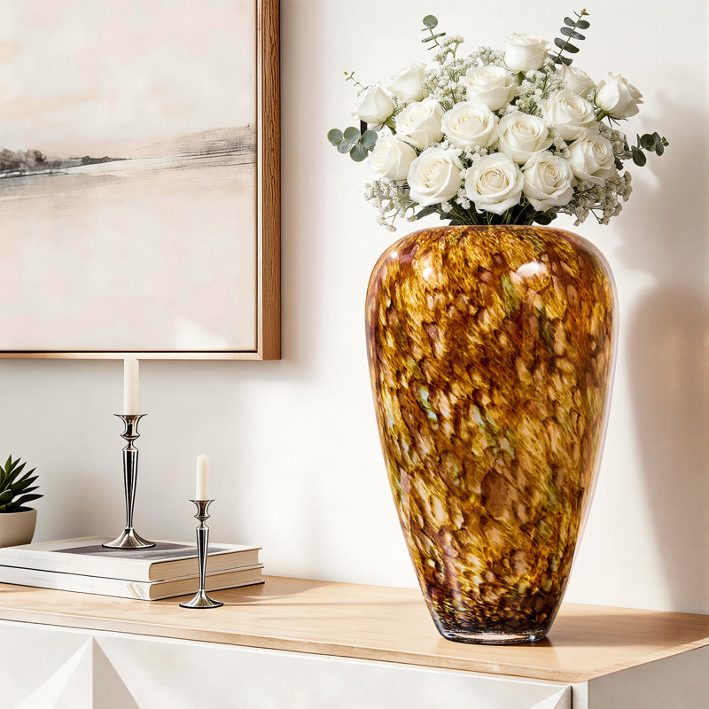 Hand-blown glass table modern vase with glazed glass texture and wide mouth decorative fashionable vase