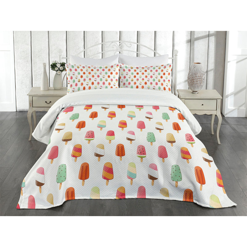 Ambesonne Ice Cream Bedspread Set Cartoon Dessert Pattern Multicolor, King Bedspread + 2 Standard Shams