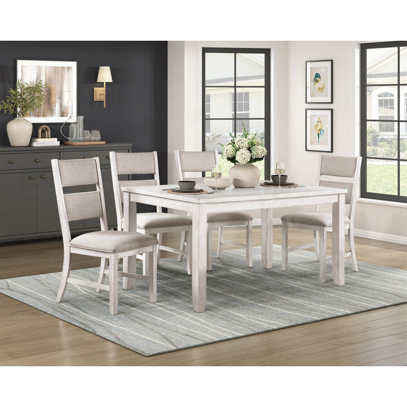 Modern Farmhouse 5Pc Dining Set Table And 4 Side Chairs Upholstered Antique White Finish Durable Wooden Furniture