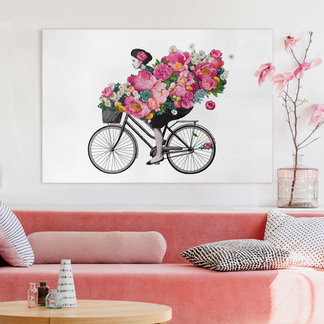 Leinwandbild Illustration Frau auf Fahrrad von Laura Graves