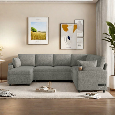 U-shaped Sectional Sofa Bed With Ample Storage Space, Two Cup Holders, Charging Ports And Hidden Storage Chaise by Latitude Run