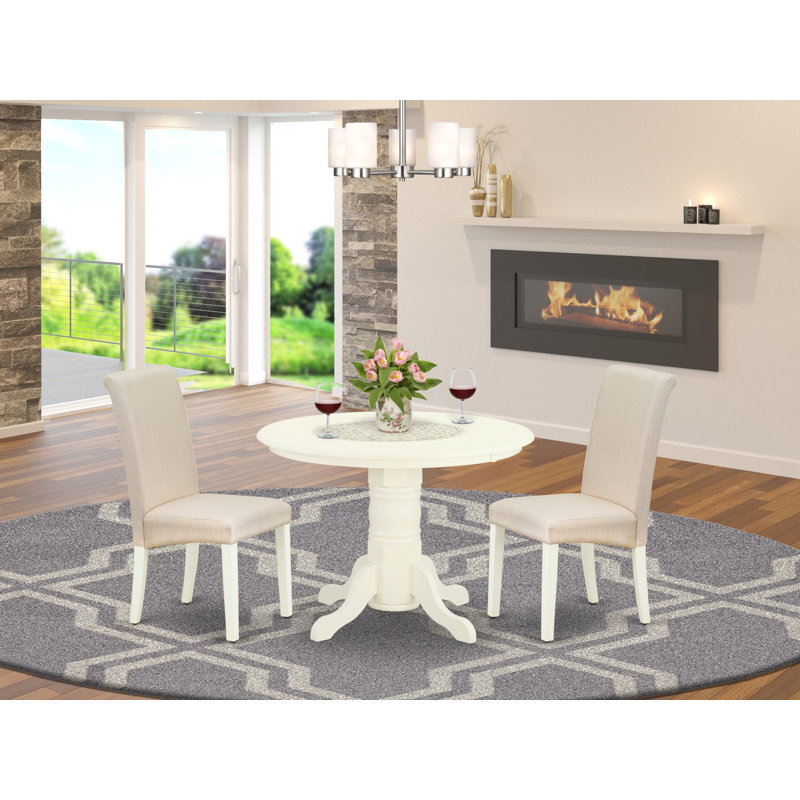 3 Piece Kitchen Table Set Contains a Round Dining Room Table with Pedestal and 2 Cream Linen Fabric Upholstered Chairs, Linen White
