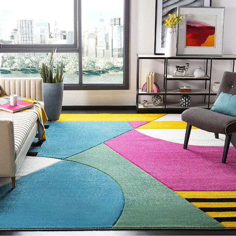 Tapis bleu paon / fuchsia à motif abstrait Menelaus, Carré 5 pi 3 po