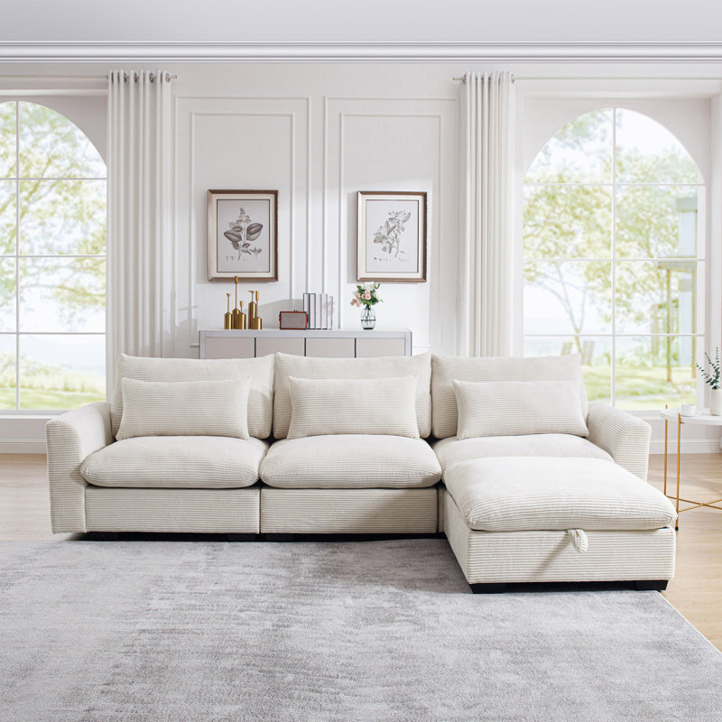 Sectional Sofa L Shaped Couch with Storage Footstool and 3 Pillow, Beige Corduroy