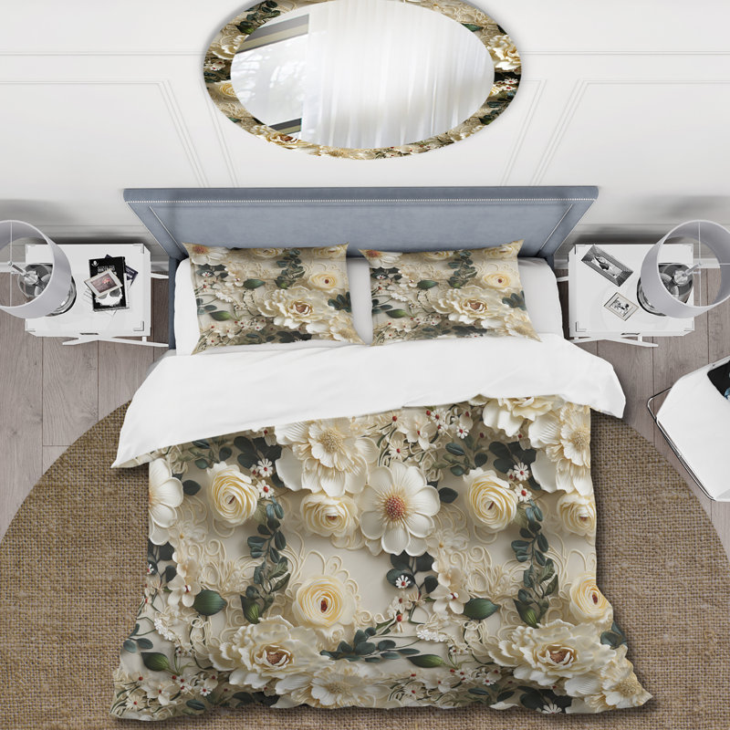 Ensemble de housse de couette Timeless White Floral Lace Veil II - Floral, Housse de couette simple + 1 taie décorative stan