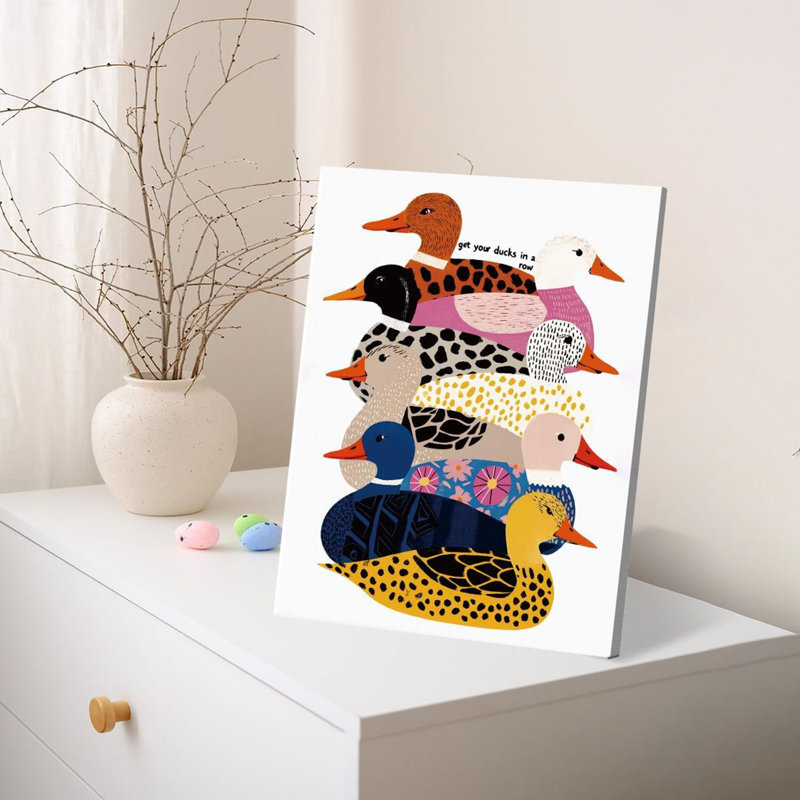 Impression d'art mural coloré canards colorés, canard rigolo dans une rangée d'animaux