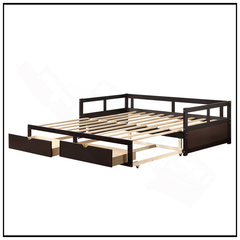 Lit de jour en bois robuste avec lit gigogne et rangement, extensible pour une utilisation polyvalente, Espresso