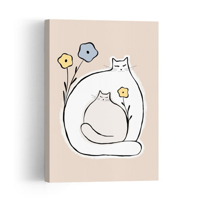 Cozy Cats And Flowers Peaceful Serene Contemporary Cat Flower Wall Art Print 1 Piece Wrapped Canvas Wall Art