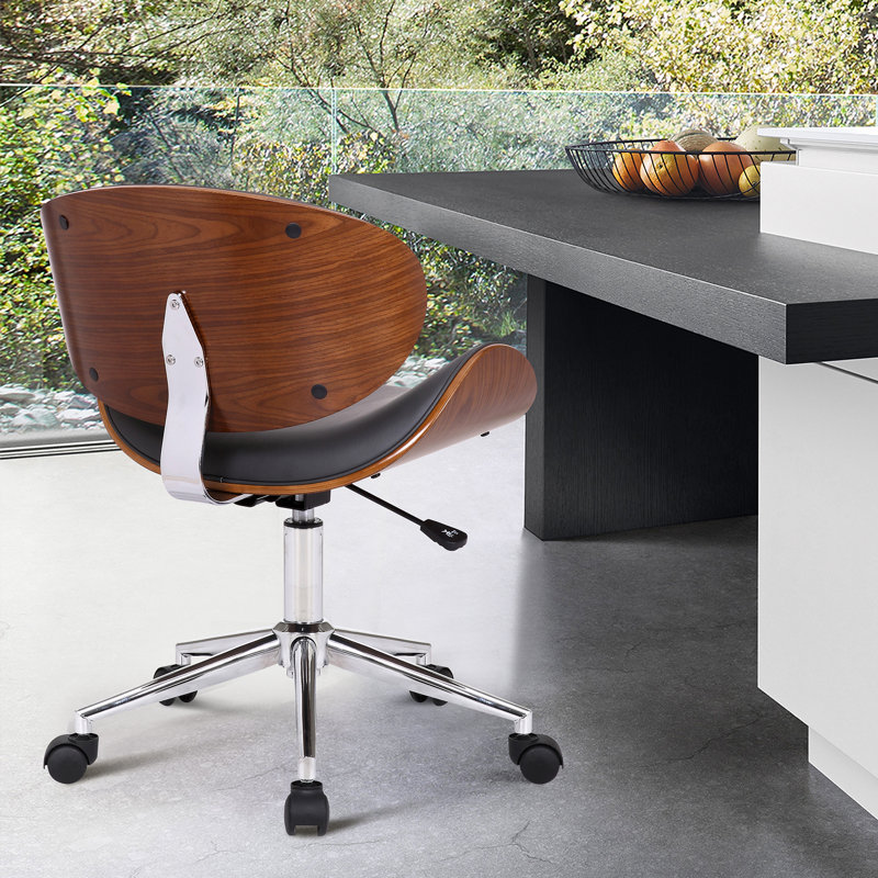 Charlot Adjustable Height Swivel Modern Office Chair in Faux Leather, Chrome Finish, and Walnut Veneer, Grey Faux Leather