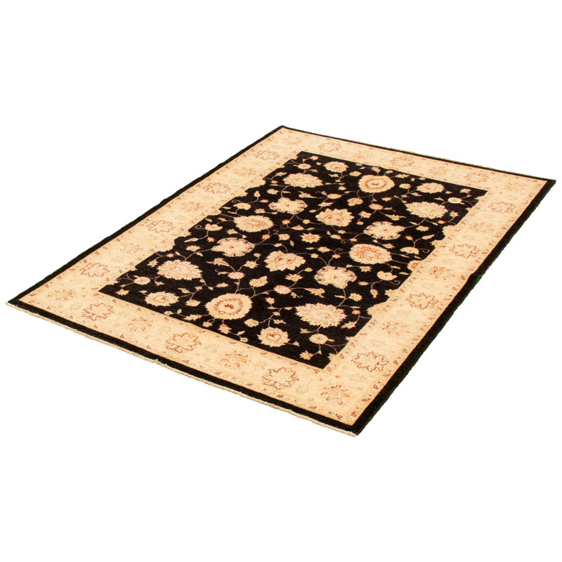 Tapis décoratif noir/beige en laine de conception unique 5 pi 7 po x 7 pi 9 po noué à la main New Age
