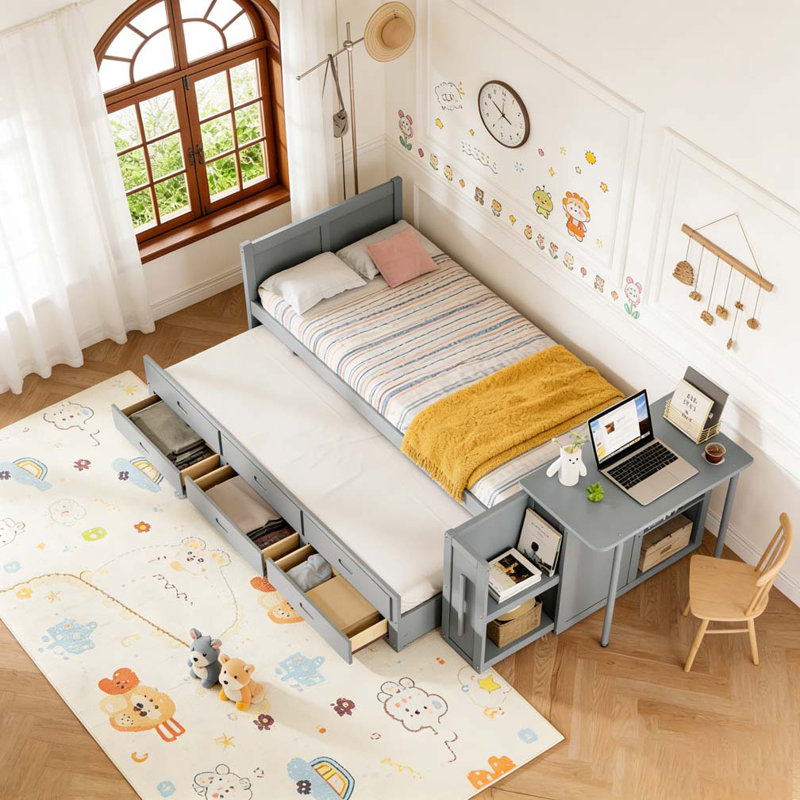Lit plateforme simple en bois multifonctionnel avec bureau et tablette de rangement au bout du lit, Gris