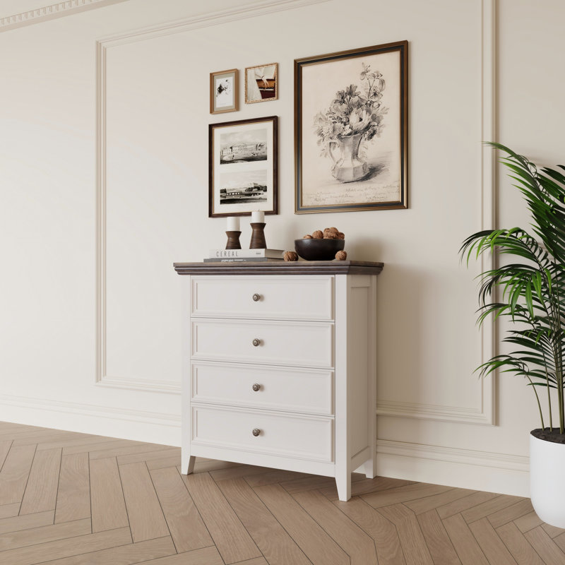 Commode à 4 tiroirs Farmhouse - Commode haute avec rangement pour chambre ou vestibule, Crème, crème