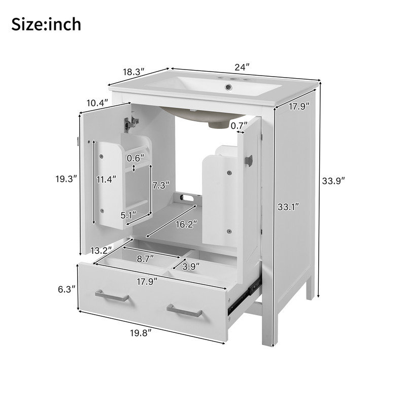 Meuble-lavabo de salle de bain avec lavabo encastré intégré et cabine de rangement, Blanc