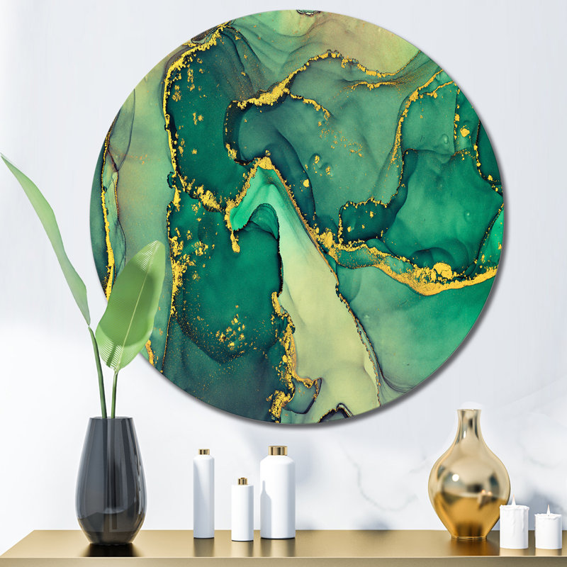 Turquoise et or, art abstrait fluide de luxe I - art mural moderne en cercle métallique, H 29 po x l 29 po x P 1 po