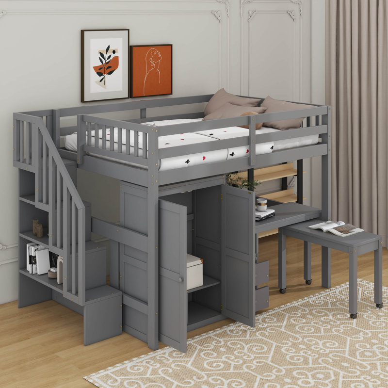 Loft Bed Featuring Integrated Staircase, Bookshelf, Drawers, Workspace Desk, And Wardrobe – All-In-One Solution, Gray, Twin