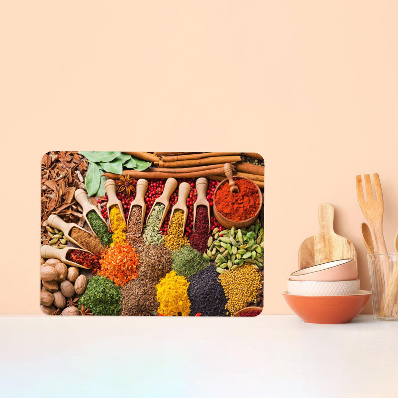 Colorful Spice Pattern on Modern Glass Serving Board Ideal for Kitchen Use, 11" x 15"