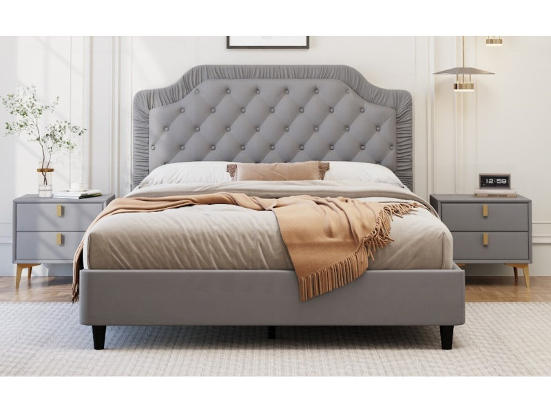 Grand lit tapissier avec tête de lit capitonnée et capitonnée, aucun sommier requis, structure en métal durable
