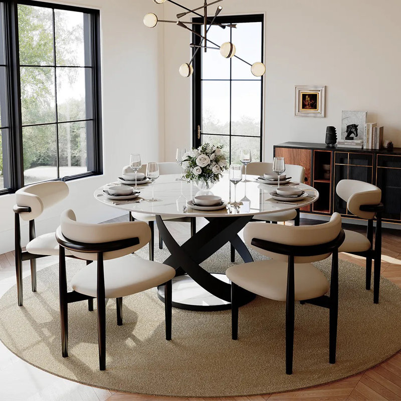 Ensemble de salle à manger moderne 5/7 pièces, ensemble de table de salle à manger rond pré-assemblé, ensemble de table de salle à manger en pierre frittée avec chaises rembourrées