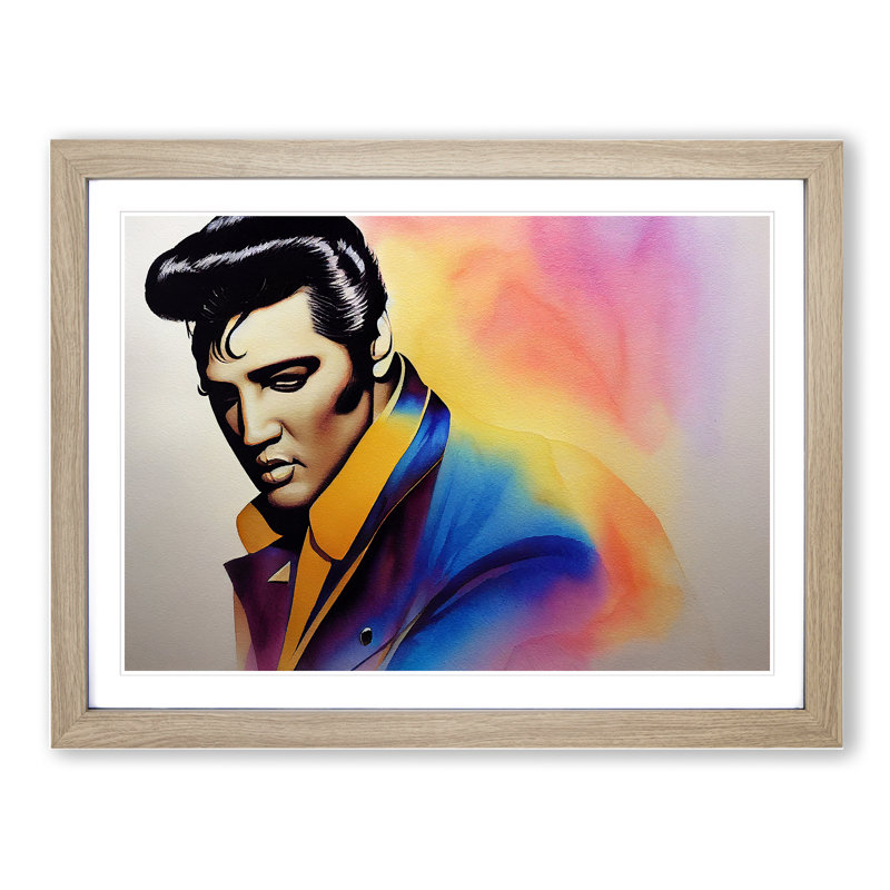 Watercolour Elvis Presley - Single Picture Frame Print, Oak Framed, 46cm H x 64cm W x 2cm D