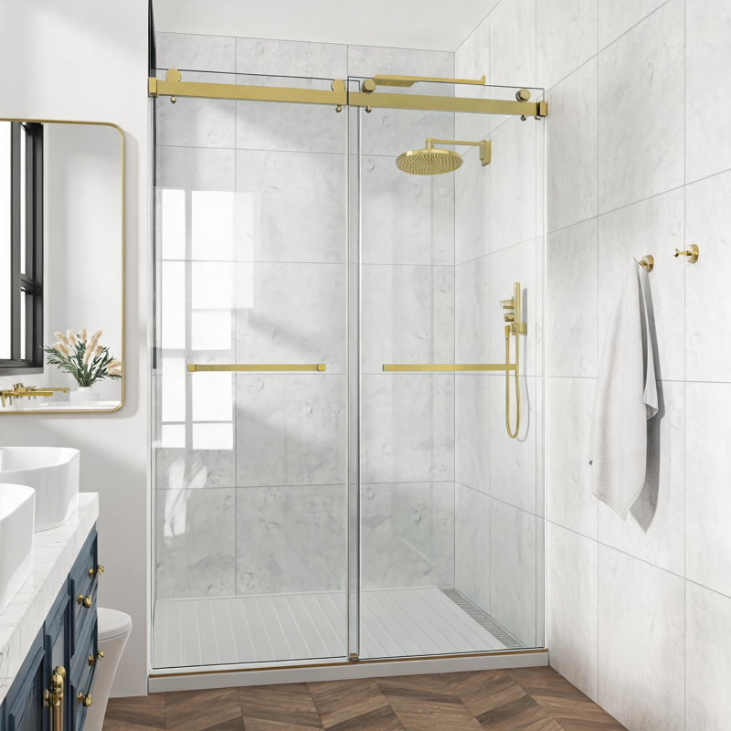 60 inch x 72 inch Gold Frameless Double Sliding Shower Door with 3/8 inch Thick Stainless Steel Tempered Glass