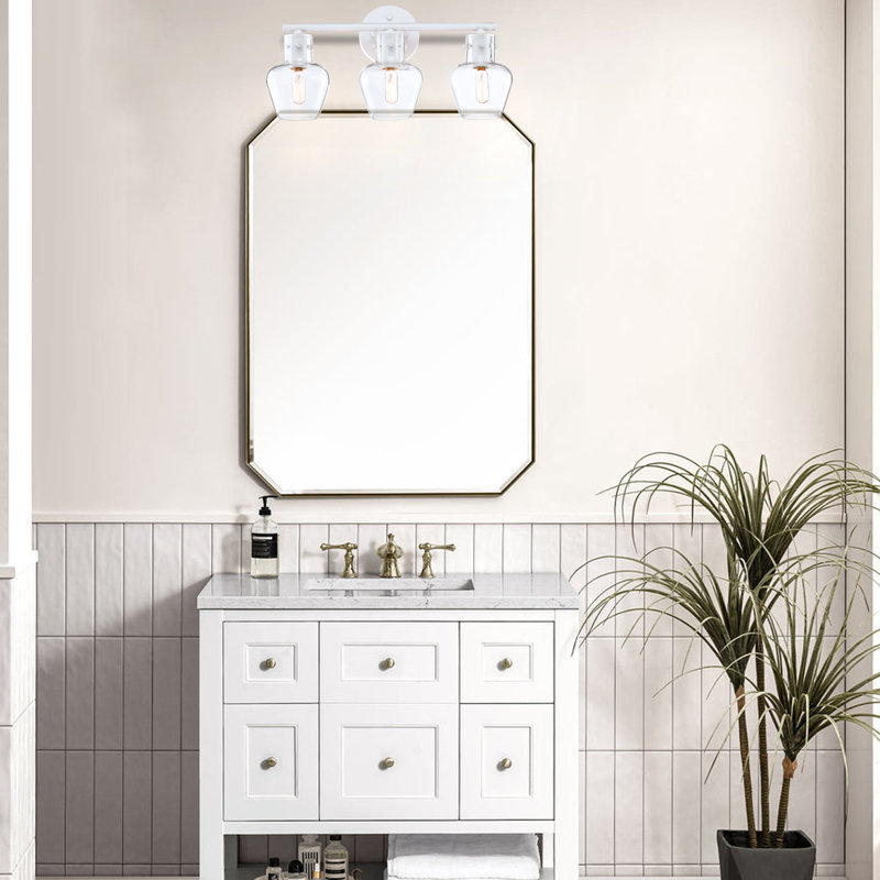 Éclairage pour salle de bain 3 lumières avec abat-jour en verre transparent, Blanc / Blanc