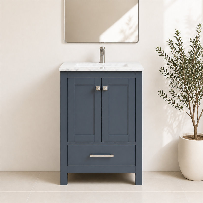 Ensemble de meuble-lavabo autoportant Amandie 24 po gris anthracite avec plateau en marbre de Carrare, Marbre / Carrare blanc