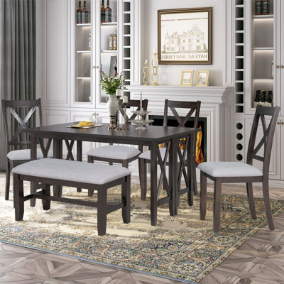 TREXM 6-Piece Family Dining Room Set Solid Wood Space Saving, 60" x 36" x 30", Rubber Wood, Set of 6, Dining Table Set, Brown