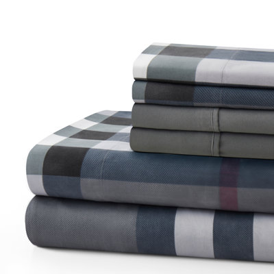 Ensemble de draps en rayonne de bambou toutes saisons 6 pièces avec 4 taies d'oreiller, motif de tartan gris moderne Marina