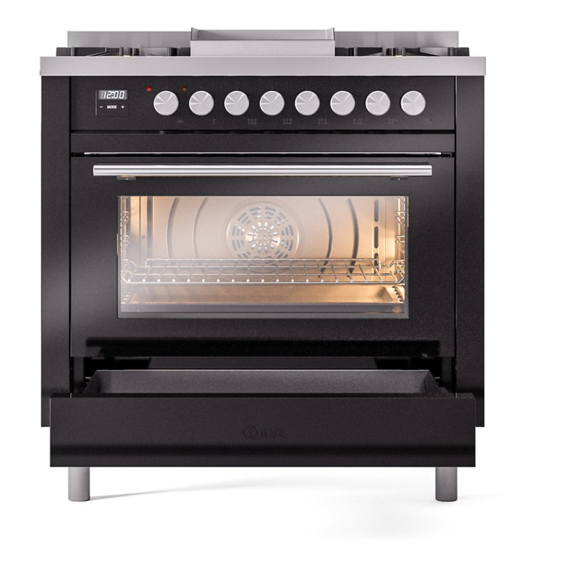 Cuisinière à double combustible 36 ILVE Professional Plus II, 6 brûleurs scellés, plaque chauffante (noir brillant)