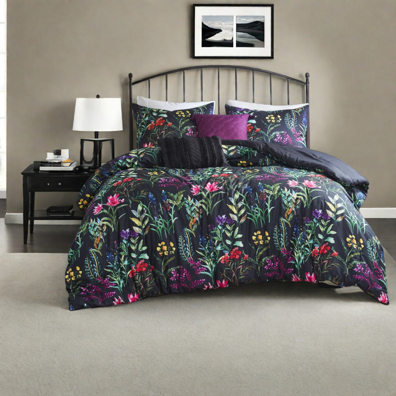 Ensemble de literie luxueux en polyester noir, motif floral glamour, très grand