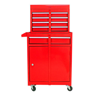 Red 5 Rolling Tool Cabinet With Lockable Wheels & Adjustable Shelf For Workshop Metal Wheels, Sliding Drawers Garage