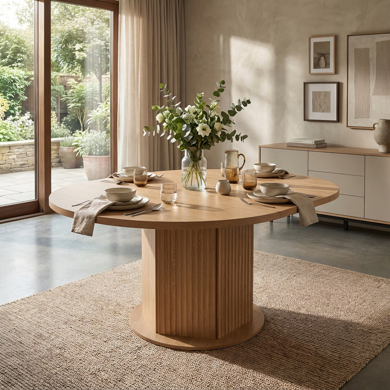 Table de salle à manger ronde en bois pour 4 à 6 personnes avec base à texture bosselée, table de réunion de cuisine et de famille