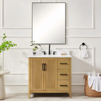 36" Solid Wood Freestanding Bathroom Vanity With Ultra-White Artificial Stone Top, 3 Soft-Close Drawers & Built-In Power Station, Pre-Assembled