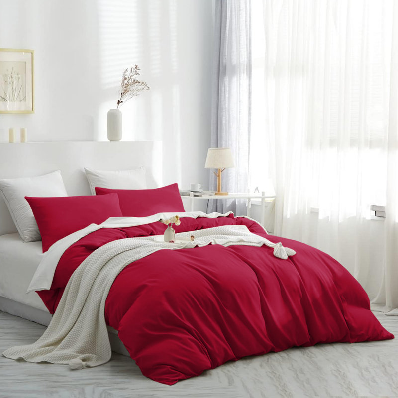 Housse de couette en microfibre moderne et contemporaine avec taies d'oreiller - Ensemble de literie douce et durable, Rouge