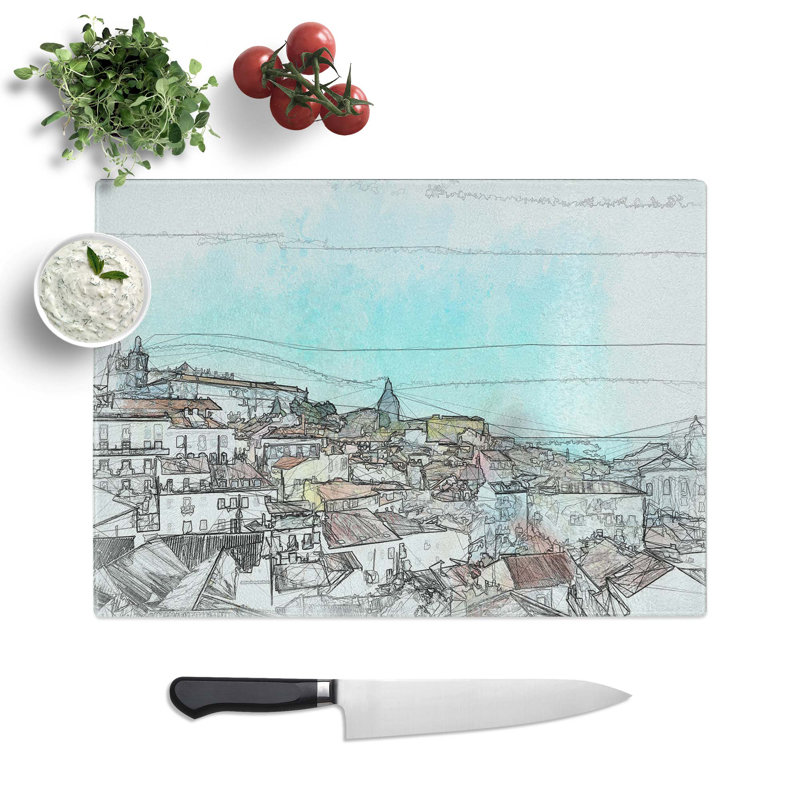 Tempered Glass Skyline of Alfalma Lisbon Portugal Chopping Board, 28.5 cm W x 20 cm L