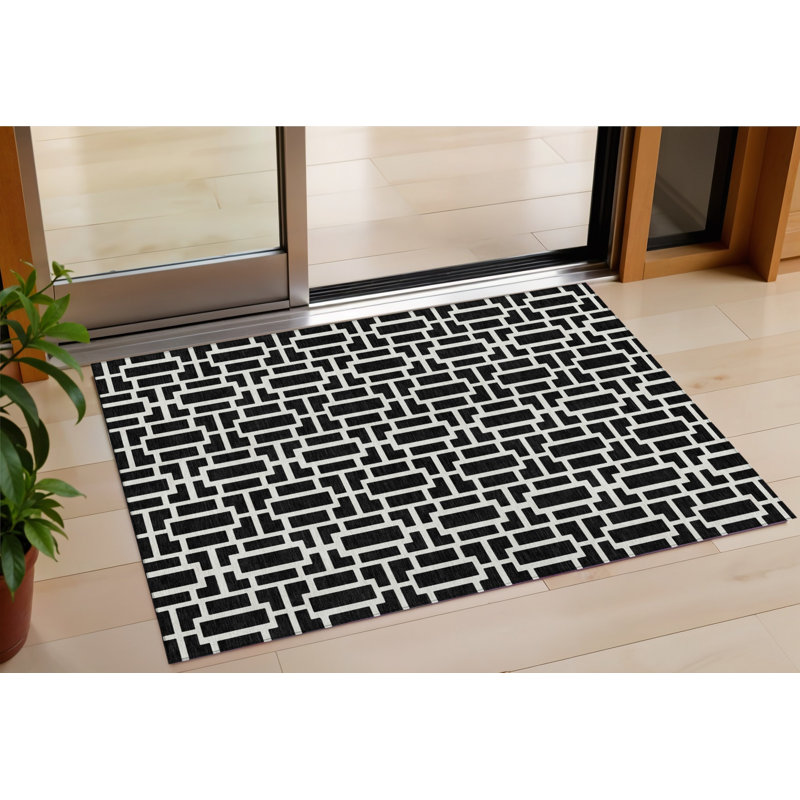 3' X 5' Black And Ivory Geometric Washable Indoor Outdoor Area Rug