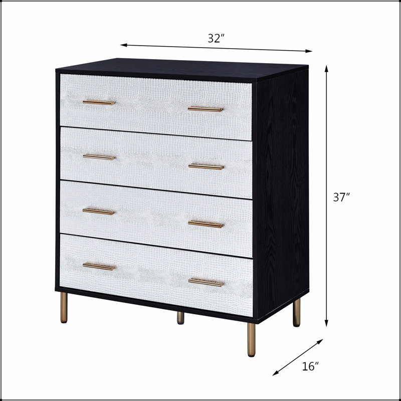 Élégante commode à 4 tiroirs noire et argentée avec une fausse peau de crocodile, parfaite pour le rangement moderne et l'amélioration esthétique