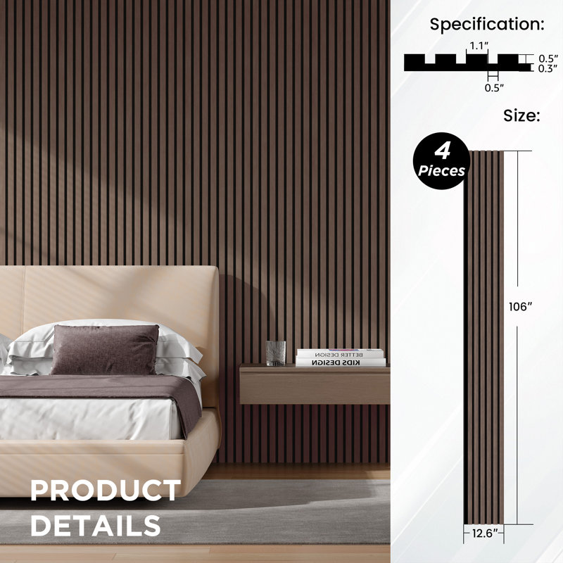 4 PCS 106"L x 12.6"W Acoustic Slat Wall Panels, Eco-Wood Look for Home/Office Wall & Ceiling (37.12 sq. ft.), Black Walnut