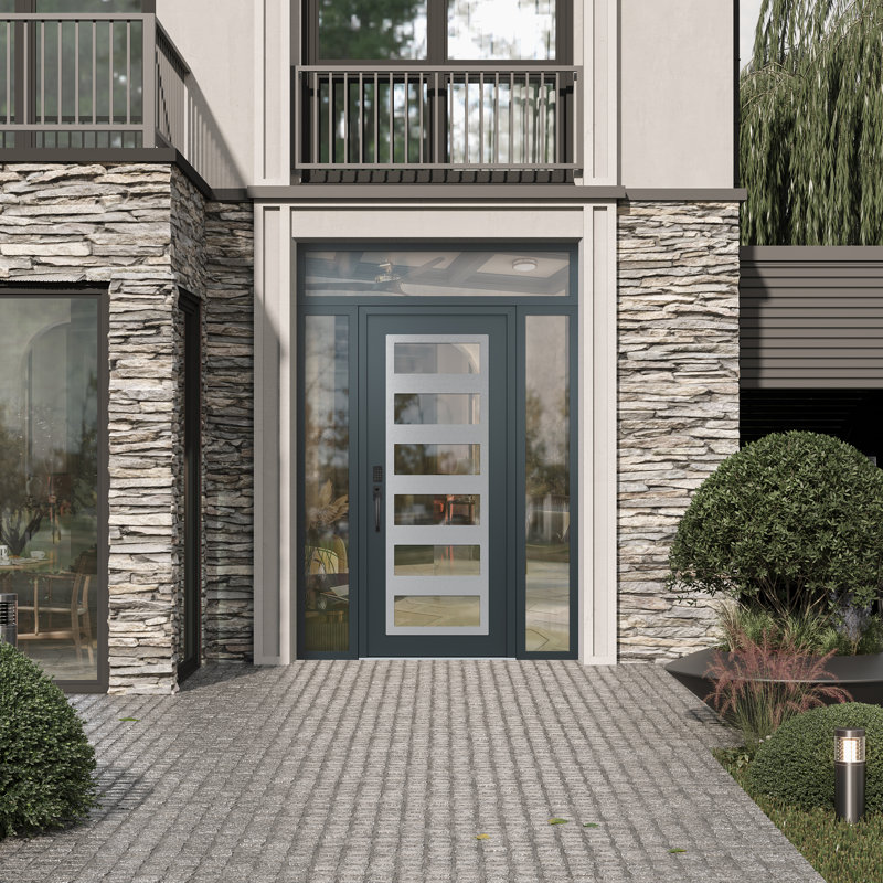 C9 droite 68 po X 96 po Panneau d'entrée en acier argenté anthracite et verre transparent anthracite avec 2 portes d'entrée latérales et porte avant en verre transparent