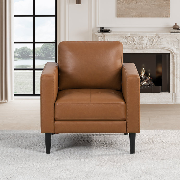 Esin Genuine Leather Mid-Century Modern Accent Chair – Compact Single Sofa Chair for Living Room, Urban Apartments, Home Office & Guest Rooms