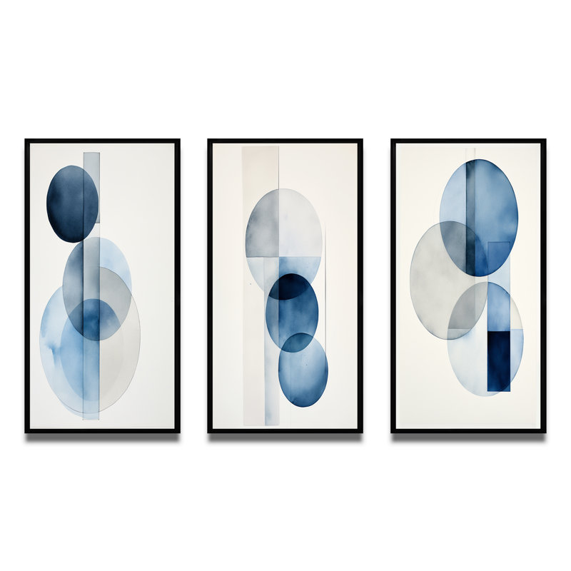 3 pièces sur toile - Unité orbitale minimale en bleu rétro II, Cadre flottant noir, H 28 po x l 36 po